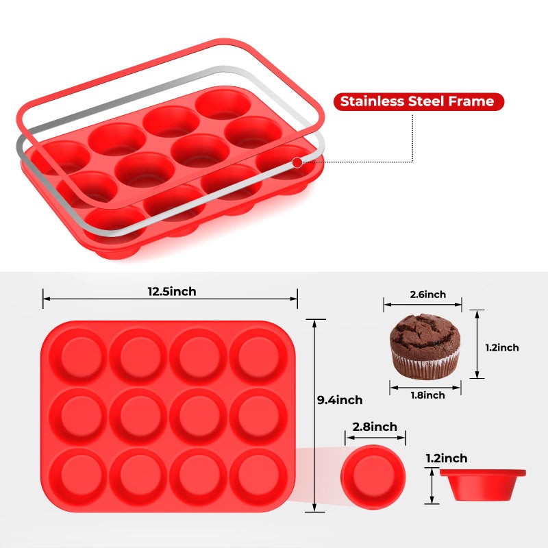 Samuelworld Silicone Muffin Pan for Baking: 12 Cup Muffin Pan with Metal Reinforced Frame, Regular Size Cupcake Egg Bites Molds for Baking, BPA Free Silicone Muffin Tray, Dishwasher Safe (1 Pack, Red) - Image 2