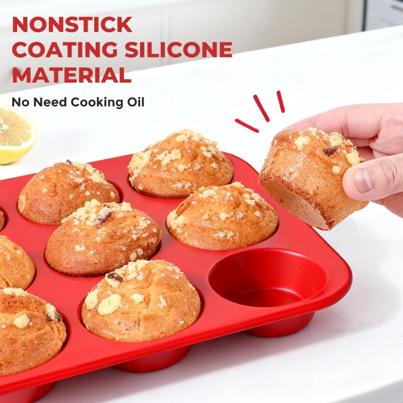 Samuelworld Silicone Muffin Pan for Baking: 12 Cup Muffin Pan with Metal Reinforced Frame, Regular Size Cupcake Egg Bites Molds for Baking, BPA Free Silicone Muffin Tray, Dishwasher Safe (1 Pack, Red) - Image 5
