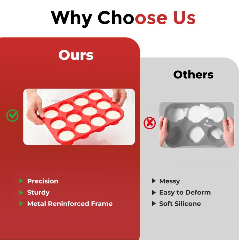 Samuelworld Silicone Muffin Pan for Baking: 12 Cup Muffin Pan with Metal Reinforced Frame, Regular Size Cupcake Egg Bites Molds for Baking, BPA Free Silicone Muffin Tray, Dishwasher Safe (1 Pack, Red) - Image 3