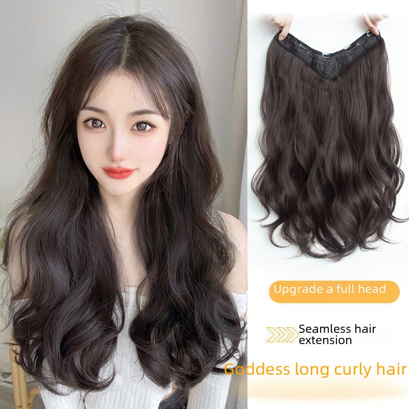 Generic Wig Womens Long Hair One-piece U-shaped Simulation Hair Extending Fluffy Invisible Seamless Summer Patch Large Wave Roll WigDark brown 55cm Dark brown 55cm 