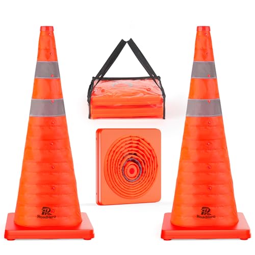 RoadHero 28 Inch 2 Pack Collapsible Traffic Safety Cones, Multi Purpose Pop-up Cones with Reflective Collar for Road Safety, Orange Cones for Driving Training, Parking Lots - Image 1