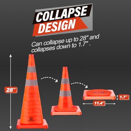 RoadHero 28 Inch 2 Pack Collapsible Traffic Safety Cones, Multi Purpose Pop-up Cones with Reflective Collar for Road Safety, Orange Cones for Driving Training, Parking Lots - Image 4