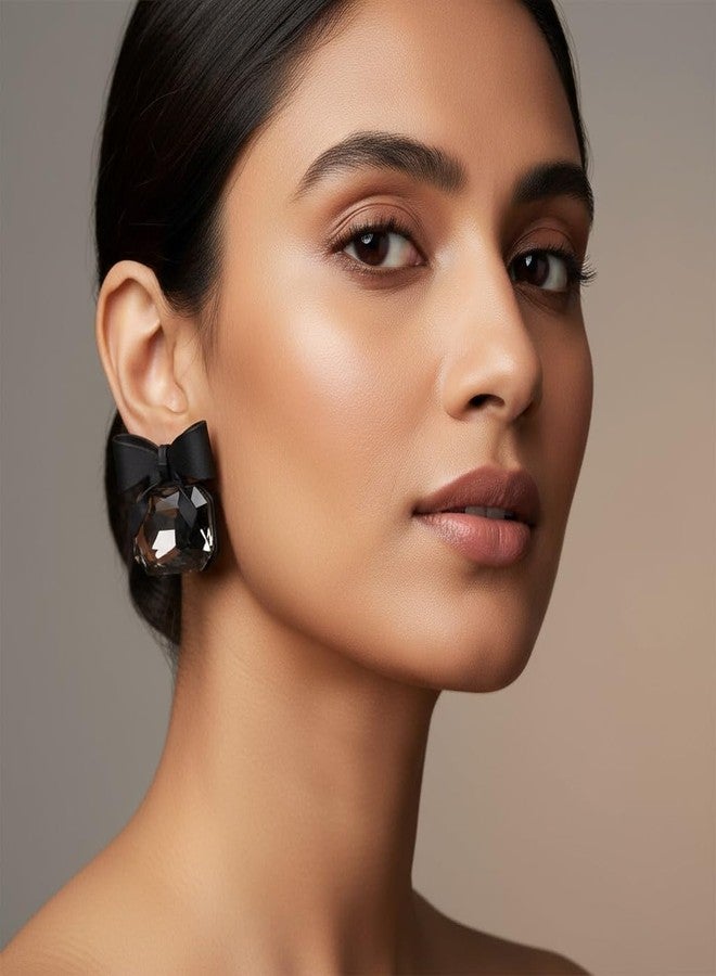AMAAL Black Bow Earrings for Women & Girls | Stylish AD CZ Stone Earrings | Elegant American Diamond Studs | Studs Jewelry Gifts | Gold Ear rings for Woman Jewellery for Women 188 - Image 3