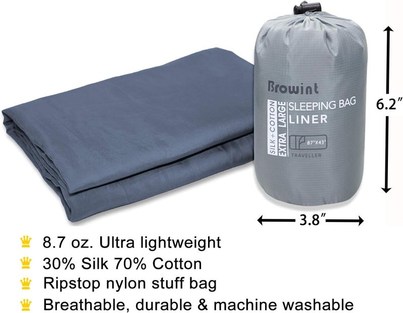 BROWINT Silk/Cotton Travel Sheet with Double Zippers, 87"x43" Extra Wide Sleep Sack for Hotels, Lightweight Sleeping Bag Liner for Camping, Traveler Rectangular with Pillow Pocket … - Image 5