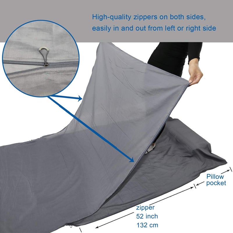 BROWINT Silk/Cotton Travel Sheet with Double Zippers, 87"x43" Extra Wide Sleep Sack for Hotels, Lightweight Sleeping Bag Liner for Camping, Traveler Rectangular with Pillow Pocket … - Image 2
