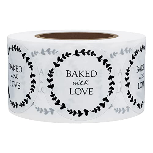 Hybsk Baked with Love Stickers with Wreath Around 1.5 Inch Round Total 500 Adhesive Labels Per Roll (Glossy Paper) - Image 1