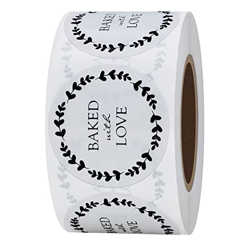 Hybsk Baked with Love Stickers with Wreath Around 1.5 Inch Round Total 500 Adhesive Labels Per Roll (Glossy Paper) - Image 2