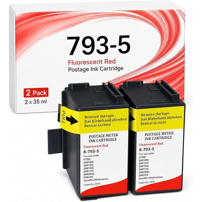 793-5 Fluorescent Red Postage Ink Cartridge : 2 Pack Replacement for Pitney Bowes PB 793-5 Ink for P700, DM100i, DM125i, DM150i, DM175i, DM200L, DM225 SendPro Mailstation Postage Meter (2Ã—35ml)