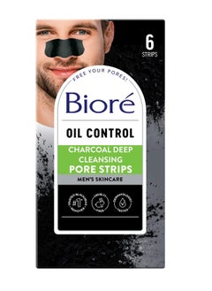 Bioré Charcoal Deep Cleansing Pore Strips for Men, Nose Strips for Blackhead Removal on Oily Skin, Features C-Bond Technology with Instant Pore Unclogging, 6 Count