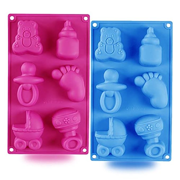 BENEKIY 2 Pack Baby Shower Themed Silicone Soap Mold, 3D Baby Carriages Bottle Little Feet Bear fondant Mold Cake Decorating Tools for Chocolate, Soap, Sugar Craft, Candy, Cupcake Topper, Polymer Clay - Image 1