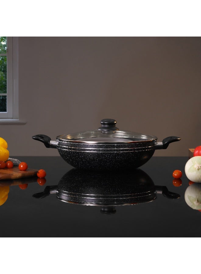 Royalford Elight Series 32 cm Aluminum Wokpan with Nonstick Coating- RF11886/ with Tempered Glass Lid and Soft Touch Bakelite Handles, 3 Layer Construction/ Induction Compatible, Perfect for Deep and Shallow Frying/ Black - Image 4