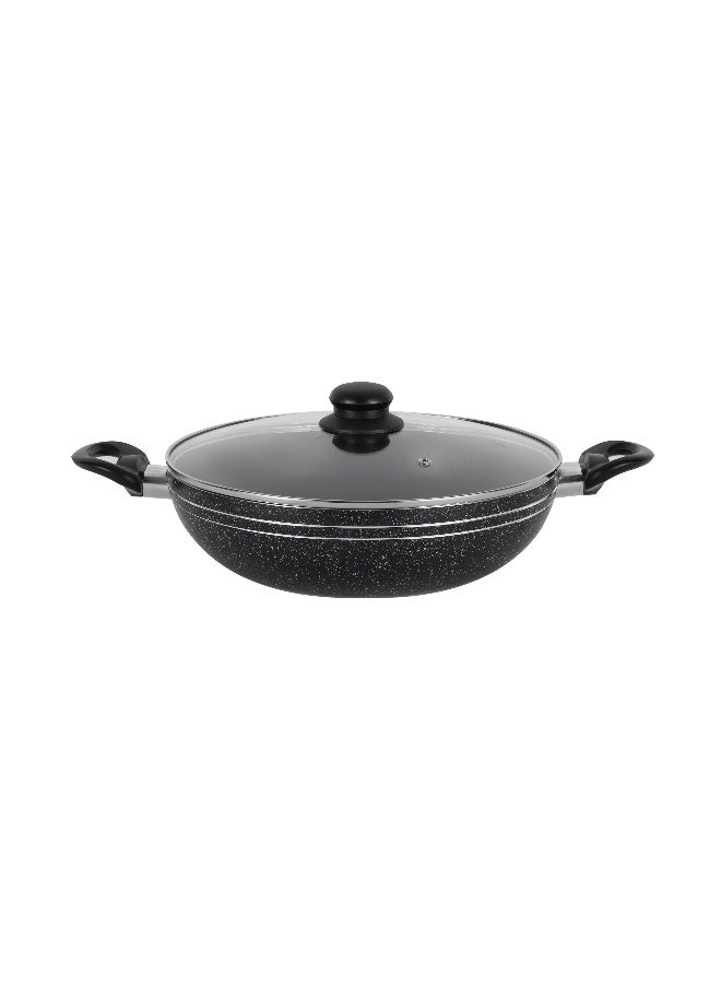 Royalford Elight Series 32 cm Aluminum Wokpan with Nonstick Coating- RF11886/ with Tempered Glass Lid and Soft Touch Bakelite Handles, 3 Layer Construction/ Induction Compatible, Perfect for Deep and Shallow Frying/ Black - Image 1