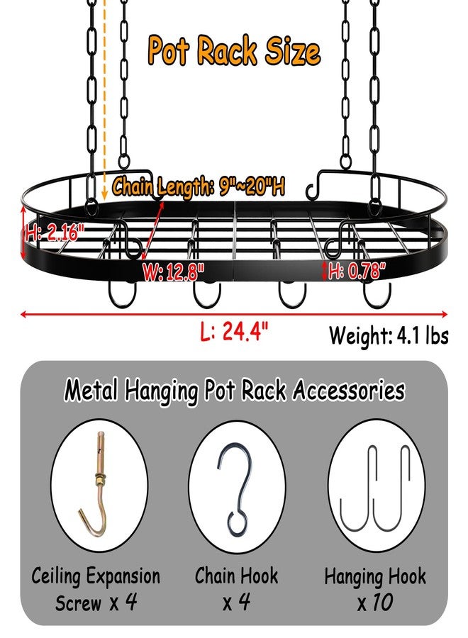 TICKCACY 24.4” Metal Pot Rack Hanging, Oval Pan Rack Hanging with Hooks, Heavy Duty Ceiling Pot Rack with Grid, Pot and Pan Hangers for Kitchen Cookware Utensils Toiletries, Easy Assembly, Black - Image 3