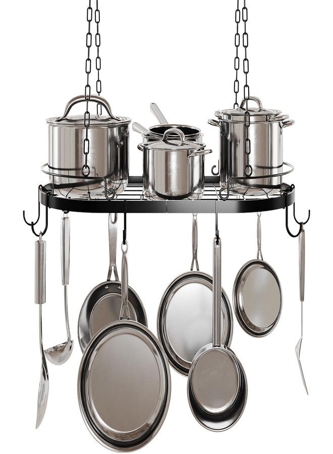 TICKCACY 24.4” Metal Pot Rack Hanging, Oval Pan Rack Hanging with Hooks, Heavy Duty Ceiling Pot Rack with Grid, Pot and Pan Hangers for Kitchen Cookware Utensils Toiletries, Easy Assembly, Black - Image 1