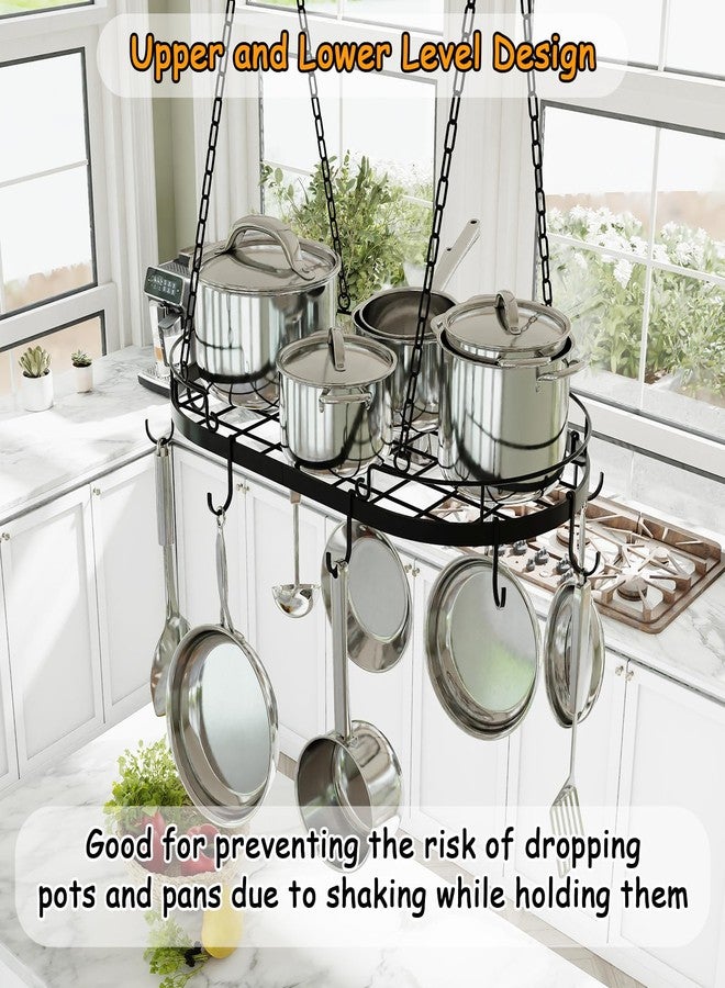 TICKCACY 24.4” Metal Pot Rack Hanging, Oval Pan Rack Hanging with Hooks, Heavy Duty Ceiling Pot Rack with Grid, Pot and Pan Hangers for Kitchen Cookware Utensils Toiletries, Easy Assembly, Black - Image 4