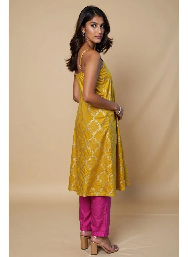 trueBrowns trueBrowns Lime Brocade Flared Kurta Set