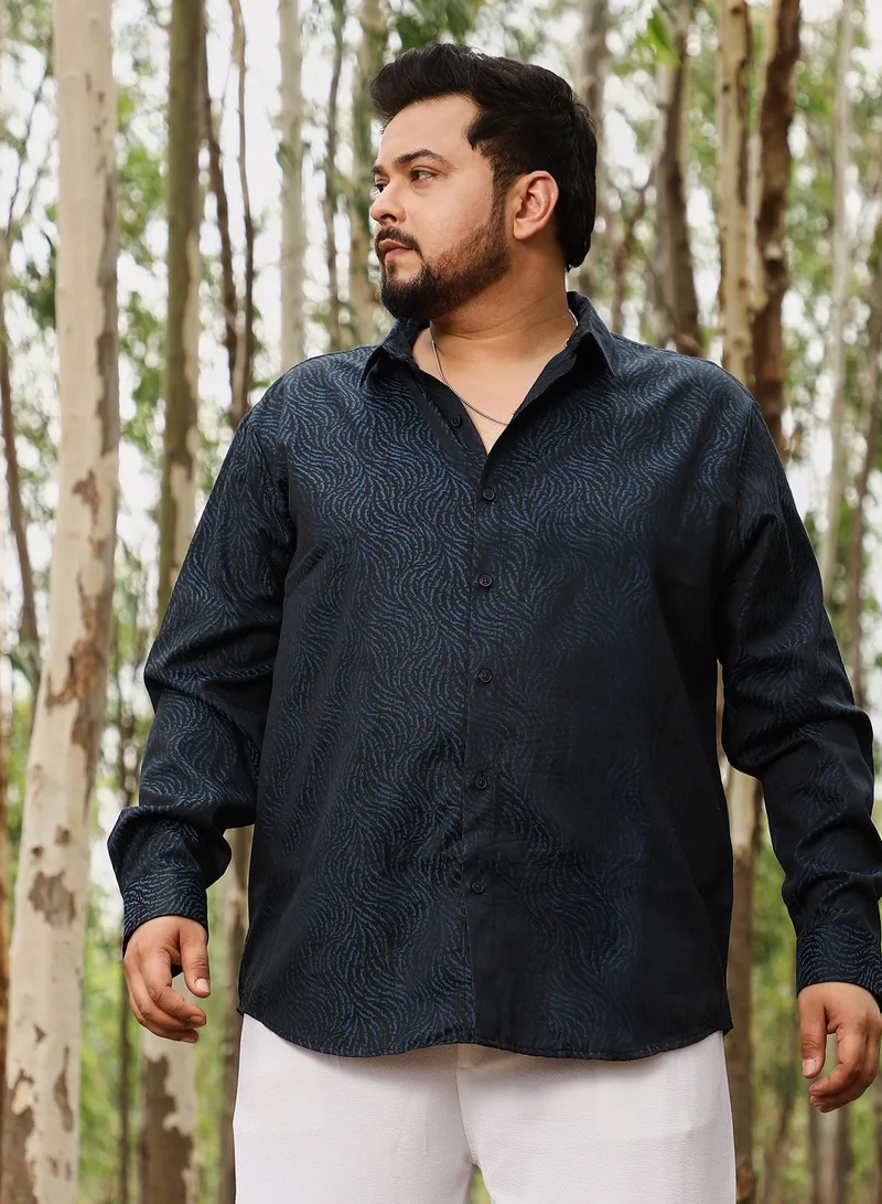 Instafab Plus Instafab Men's Navy Blue Contrast-Streaks Jacquard Shirt | Spread Collar , Long Cuffed Sleeves , Button Closure | Abstract Jacquard | Cotton-Blend Shirt For Casual Wear