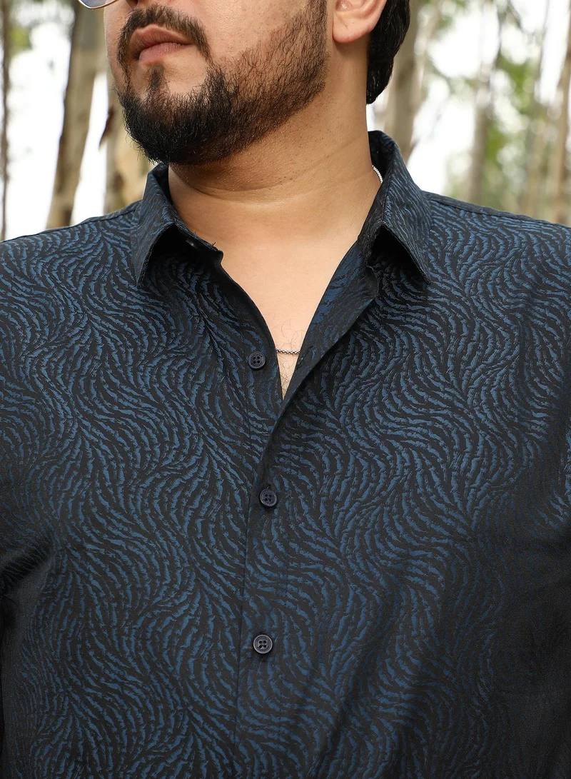 Instafab Plus  Instafab Men's Navy Blue Contrast-Streaks Jacquard Shirt | Spread Collar , Long Cuffed Sleeves , Button Closure | Abstract Jacquard | Cotton-Blend Shirt For Casual Wear for Men | Best Price UAE
