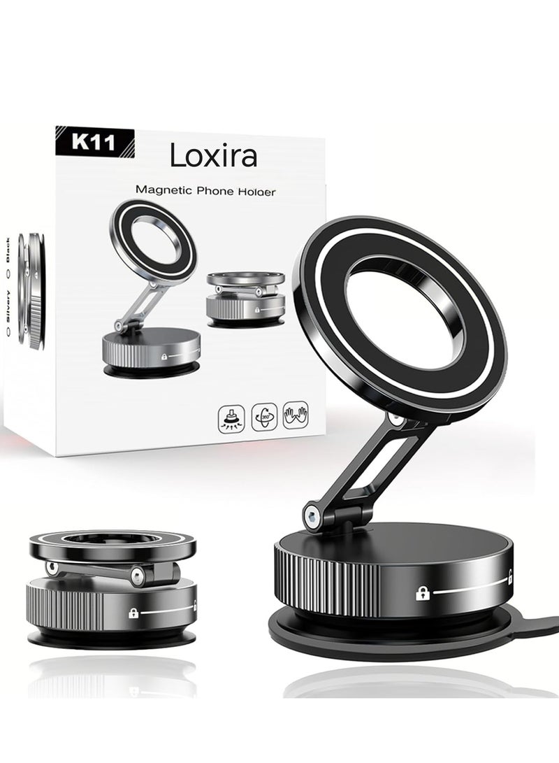 Loxira Magnetic Phone Holder, 360° Rotating Magnetic with Suction Cup Base. 2025 Upgraded Mechanical All-Alloy Material Foldable Portable Nixie Phone Holder for Car Without Charging - Image 1