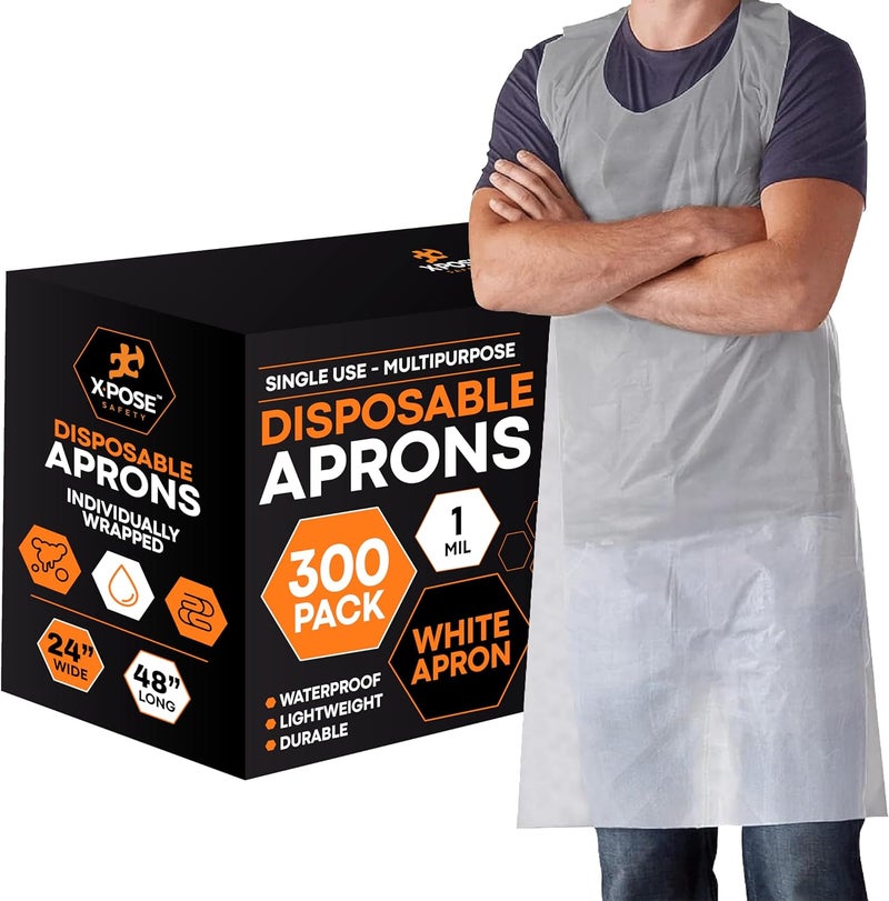xpose safety 300 White Plastic Disposable Aprons for Cooking & more Individually Packaged, Durable 1 Mil Waterproof Polyethylene 24" x 48" - Image 1