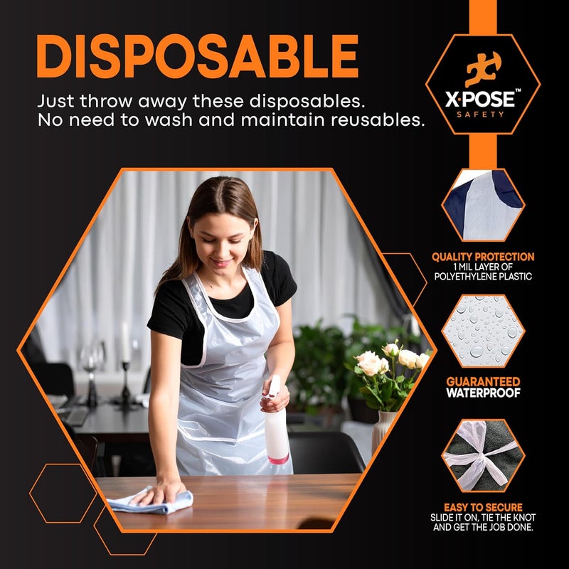 xpose safety 300 White Plastic Disposable Aprons for Cooking & more Individually Packaged, Durable 1 Mil Waterproof Polyethylene 24" x 48" - Image 3