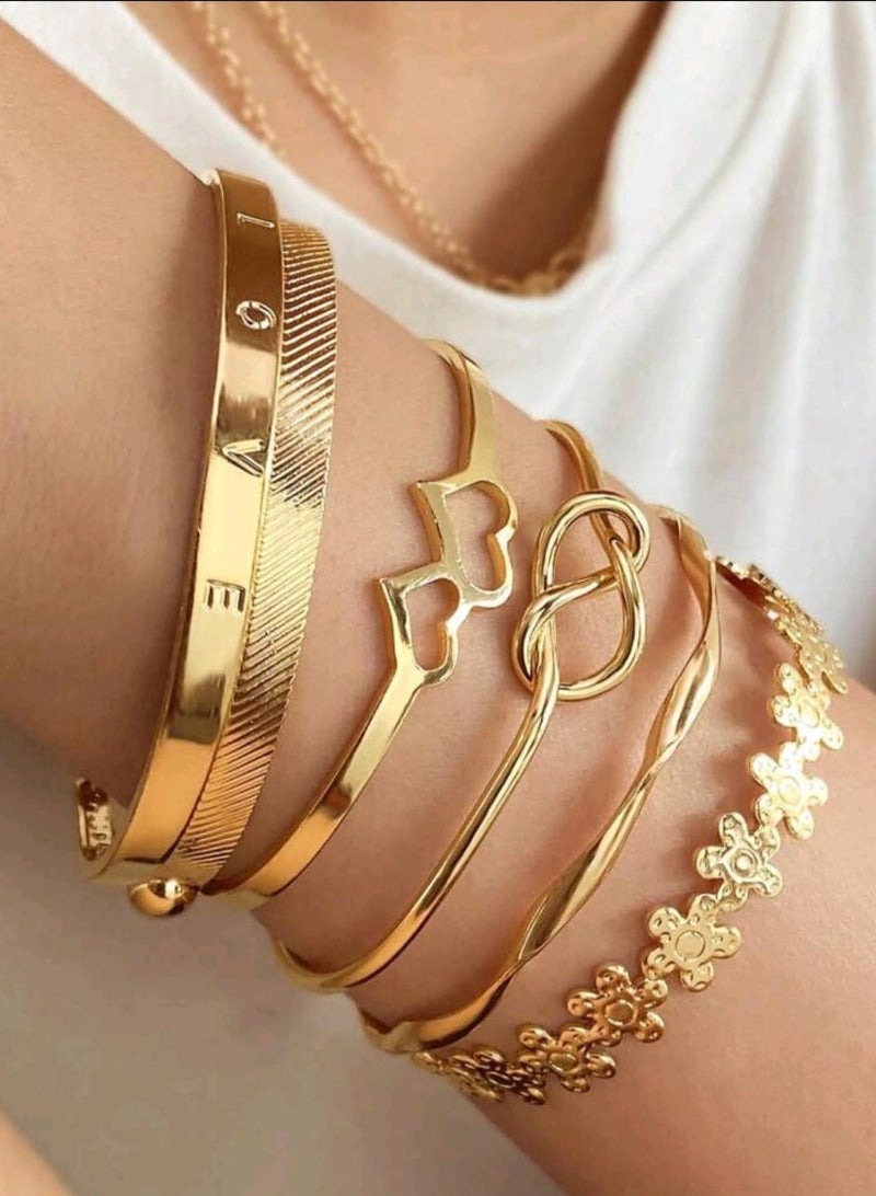 Shein 6pcs/Set Double Heart Love Letter Flower Open Bangle For Women, Daily Wear & Party Gift, Gold Color - Image 1