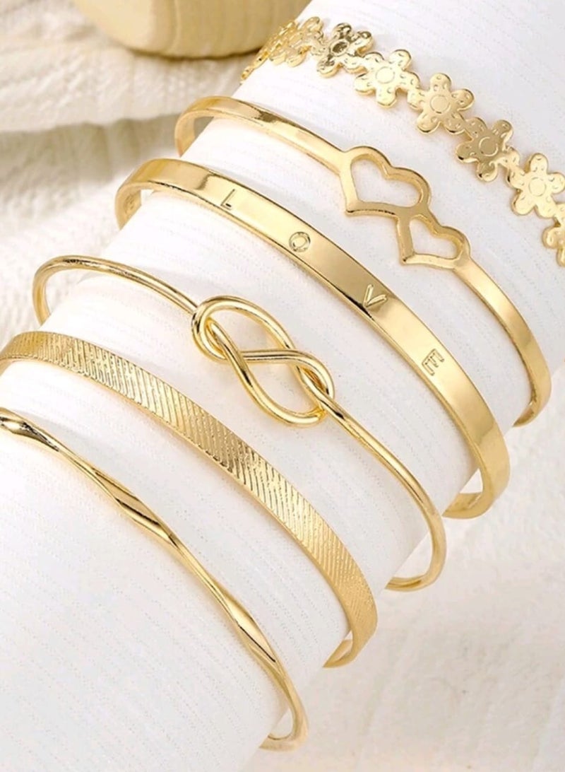 Shein 6pcs/Set Double Heart Love Letter Flower Open Bangle For Women, Daily Wear & Party Gift, Gold Color - Image 2
