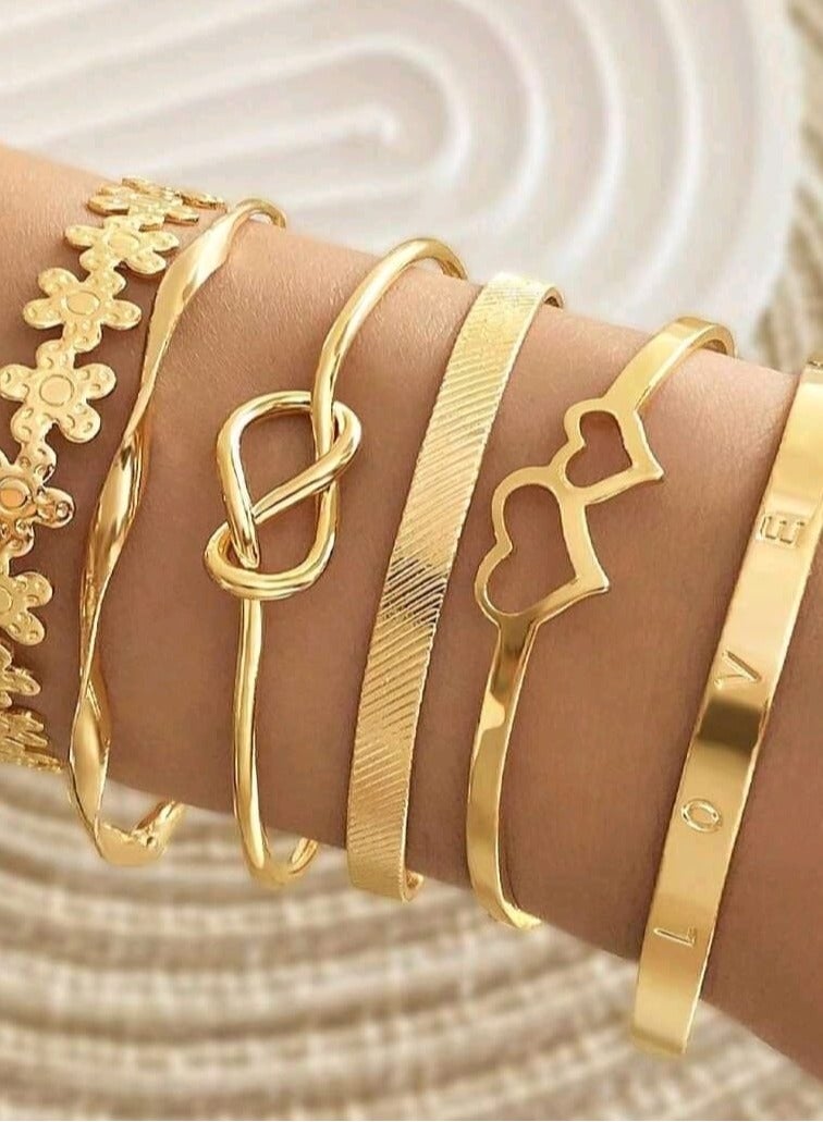 Shein 6pcs/Set Double Heart Love Letter Flower Open Bangle For Women, Daily Wear & Party Gift, Gold Color - Image 3