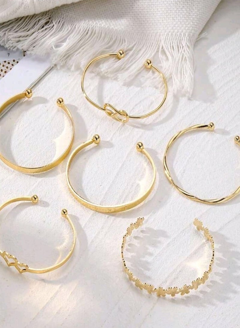 Shein 6pcs/Set Double Heart Love Letter Flower Open Bangle For Women, Daily Wear & Party Gift, Gold Color - Image 4