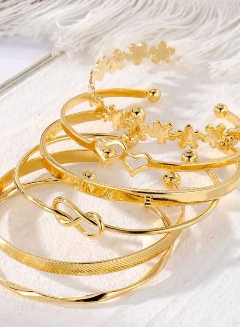 Shein 6pcs/Set Double Heart Love Letter Flower Open Bangle For Women, Daily Wear & Party Gift, Gold Color - Image 5