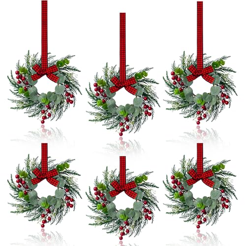 JUSTOTRY 6Pcs Christmas Wreath 10 Inch Mini Wreaths for Kitchen Cabinets Christmas Door Wreath Small Christmas Wreath for Fireplace Window Farmhouse Indoor Home Decorations - Image 1