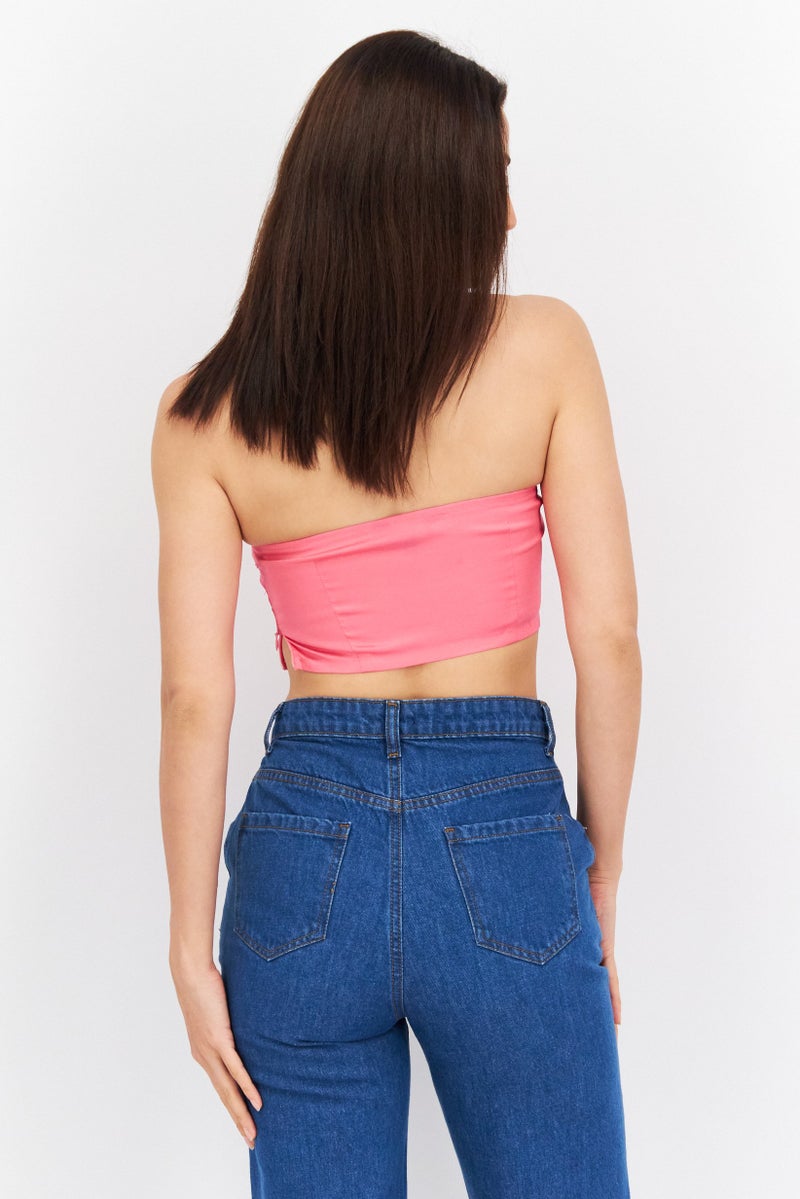 Naanaa Women Plain Corset Bustier Tube Top, Pink - Image 3