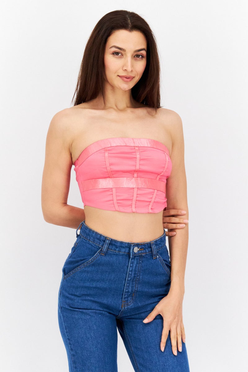 Naanaa Women Plain Corset Bustier Tube Top, Pink - Image 1