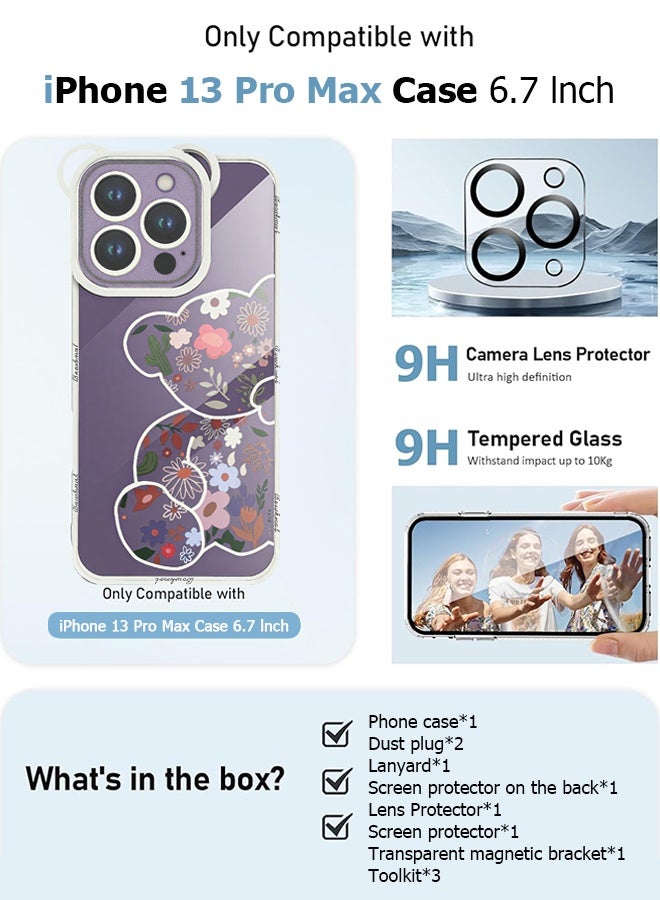 Wffo 11-in-1 - For iPhone 13 Pro Max Case - Screen Protector / Camera Lens Protector / Screen Protector on the Back / Dust Plug / Clear MagSafe Bracket / With Lanyard - Cute Flowers Bear Clear Case - TPU Drop Protection - Full Body Protection Shock Case  - Image 2
