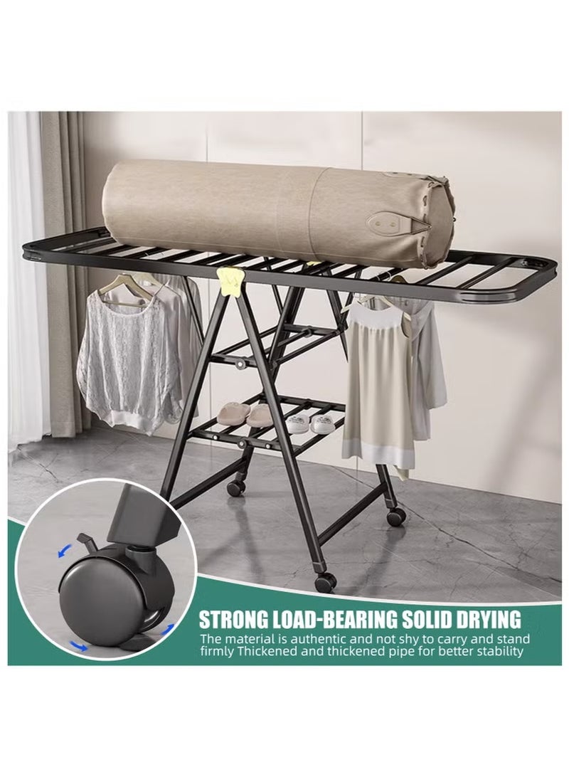 Generic Foldable Clothes Drying Rack, 150 CM 3-Tier Large Carbon Steel Laundry Drying Stand with Adjustable Wings, Indoor Outdoor Collapsible Cloth Dryer for Clothes, Bedding & Shoes, with 4 Castors - Image 1