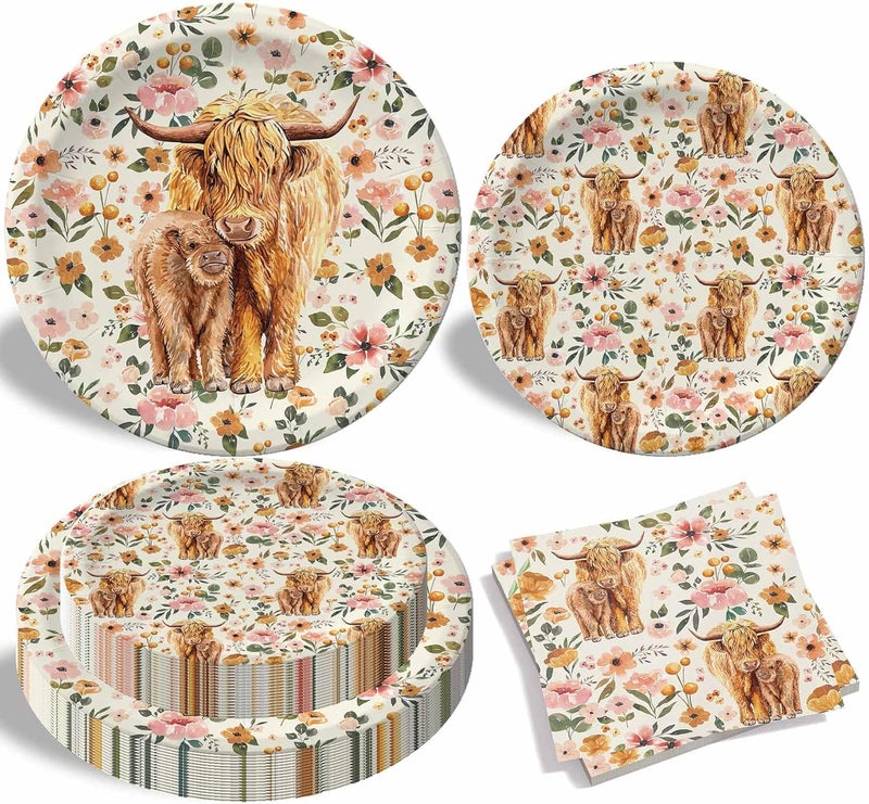 Buerhanerry Highland Cow Party Plates Napkins Boho Floral Highland Cow Baby Shower Decorations for 24 Guests Disposable Tableware for Farmhouse Theme Birthday Party Supplies - Image 1
