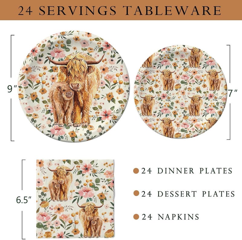 Buerhanerry Highland Cow Party Plates Napkins Boho Floral Highland Cow Baby Shower Decorations for 24 Guests Disposable Tableware for Farmhouse Theme Birthday Party Supplies - Image 3