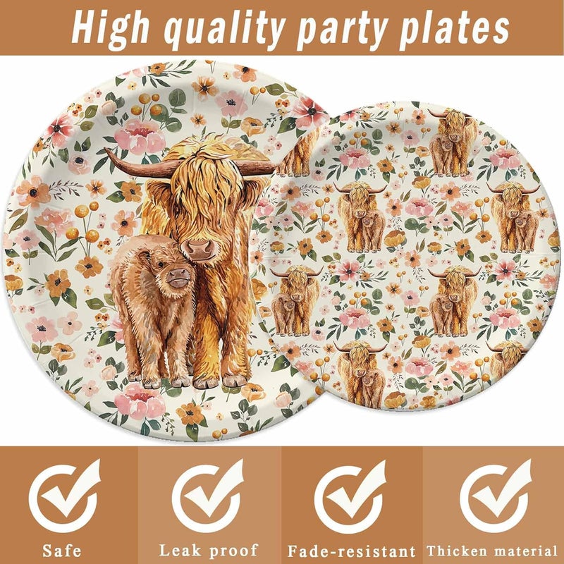 Buerhanerry Highland Cow Party Plates Napkins Boho Floral Highland Cow Baby Shower Decorations for 24 Guests Disposable Tableware for Farmhouse Theme Birthday Party Supplies - Image 4