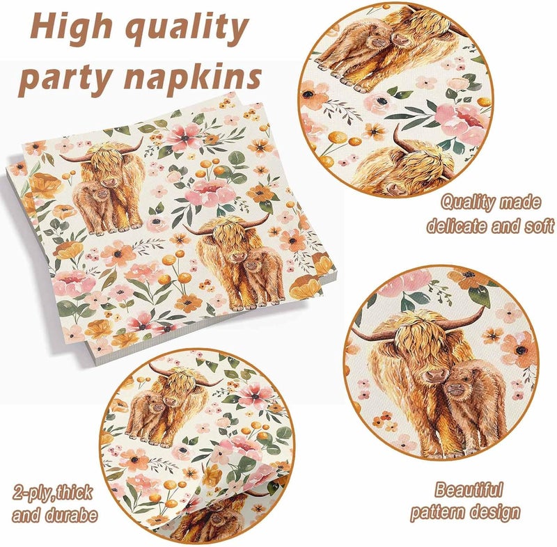 Buerhanerry Highland Cow Party Plates Napkins Boho Floral Highland Cow Baby Shower Decorations for 24 Guests Disposable Tableware for Farmhouse Theme Birthday Party Supplies - Image 5