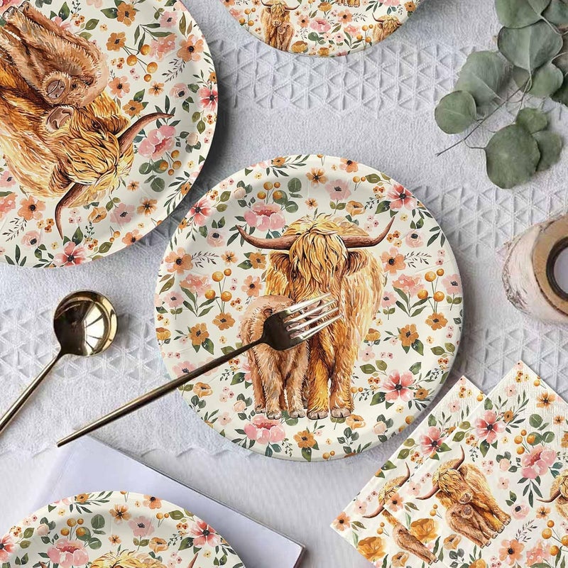Buerhanerry Highland Cow Party Plates Napkins Boho Floral Highland Cow Baby Shower Decorations for 24 Guests Disposable Tableware for Farmhouse Theme Birthday Party Supplies - Image 2