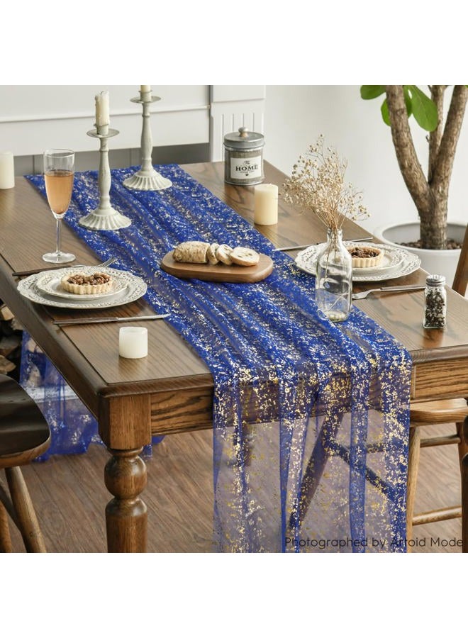 Artoid Mode Blue Gold Gauze Table Runner 70 x 300 cm, Glitter Metallic Foil Sheer Chiffon Cheesecloth Dining Holiday Table Decor for Home Party - Image 3