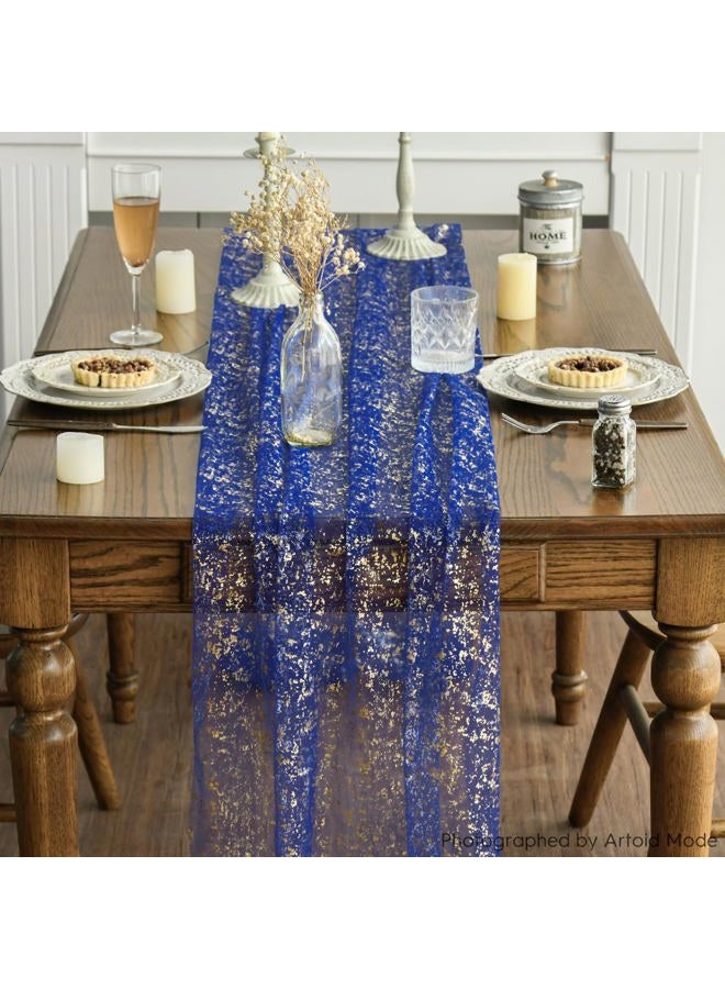 Artoid Mode Blue Gold Gauze Table Runner 70 x 300 cm, Glitter Metallic Foil Sheer Chiffon Cheesecloth Dining Holiday Table Decor for Home Party - Image 2