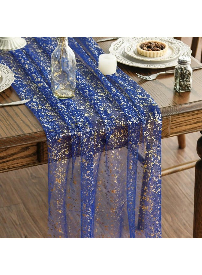 Artoid Mode Blue Gold Gauze Table Runner 70 x 300 cm, Glitter Metallic Foil Sheer Chiffon Cheesecloth Dining Holiday Table Decor for Home Party - Image 1