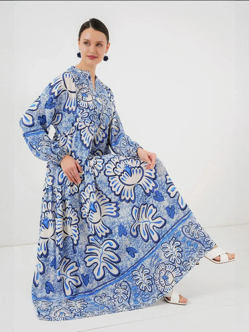 بيغ دارت فستان ماكسي مطبوع بياقة على شكل حرف  مع أزرار