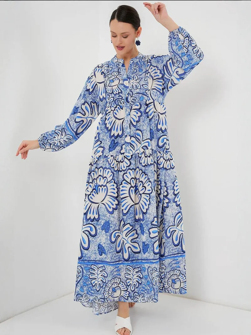 بيغ دارت فستان ماكسي مطبوع بياقة على شكل حرف  مع أزرار