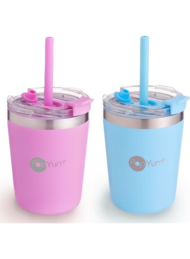 PopYum 9oz Insulated Stainless Steel Kidsâ€™ Cups with Lid and Straw, 2-Pack - Image 1