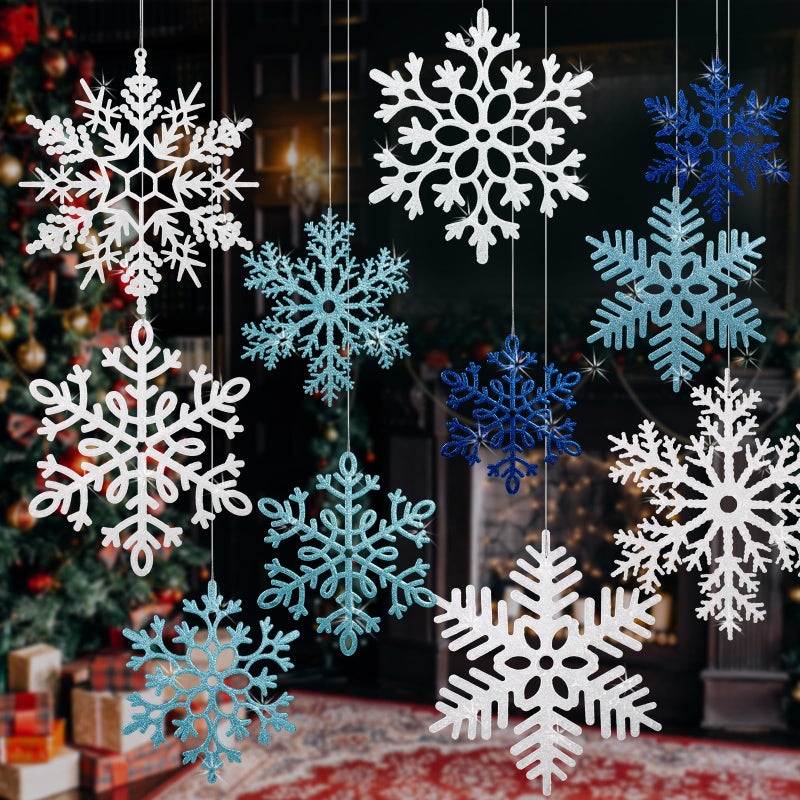 YOTNUS 12 Pcs Large Snowflakes Ornaments - Outdoor Winter Decor Glitter Giant Hanging Snowflake Decorations For Indoor Outdoor Winter Tree Decorations(White  Blue  Dark Blue) - Image 1