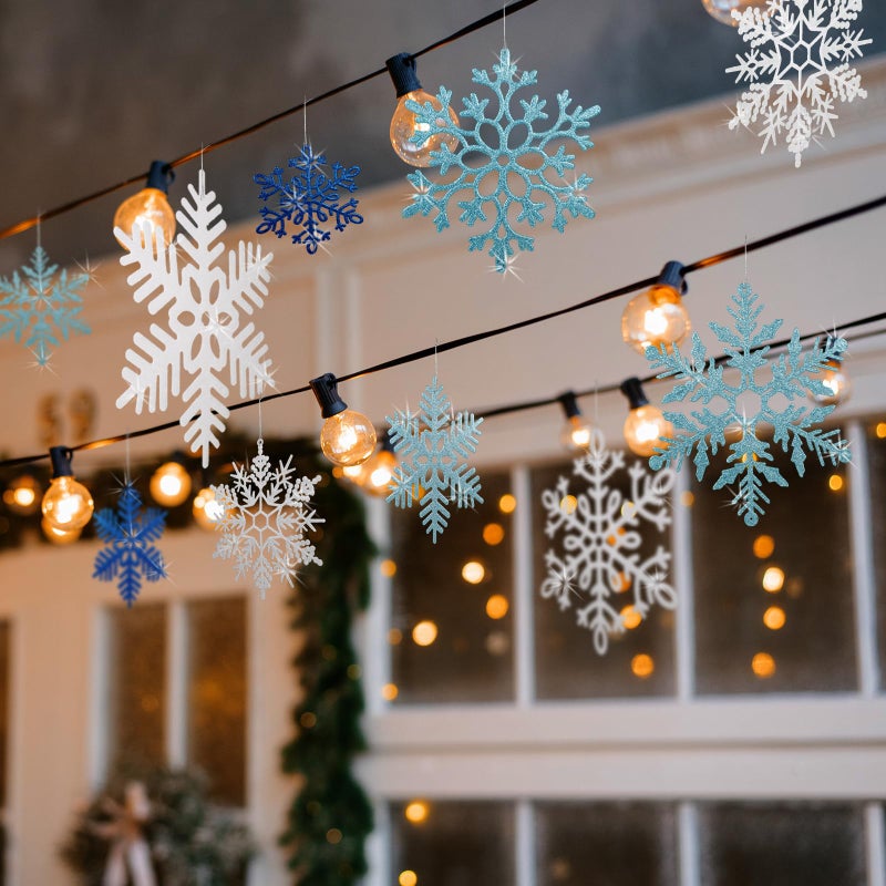 YOTNUS 12 Pcs Large Snowflakes Ornaments - Outdoor Winter Decor Glitter Giant Hanging Snowflake Decorations For Indoor Outdoor Winter Tree Decorations(White  Blue  Dark Blue) - Image 5