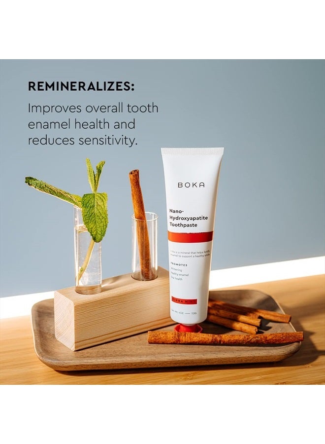 BOKA معجون أسنان خالي من الفلورايد - نانو هيدروكسيباتيت، إعادة التمعدن، أسنان حساسة، تبييض - موصى به من قبل أطباء الأسنان للعناية بالفم للبالغين والأطفال - نكهة القرفة والنعناع، 4 أونصة سائلة 1 عبوة - مصنع في الولايات المتحدة - Image 4