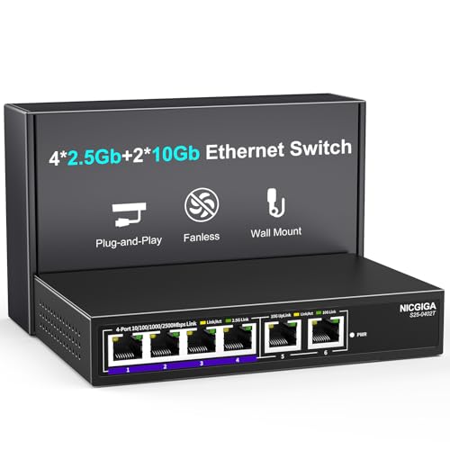 NICGIGA 10Gbe Ethernet Switch Unmanaged with 2 x 10Gb RJ45 Ports 4 x 25Gb BaseT Ports DesktopWall Mount NICGIGA 6 Port 10Gbps Network Switch for Wireless AP NAS PC - Image 1